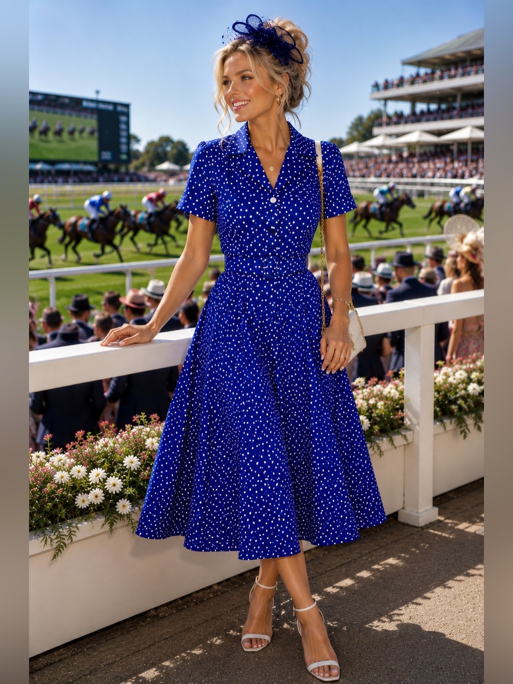 Southern Lady Vintage Blue Polka Dot Midi Belted Dress 11/12 Fit Flare Derby